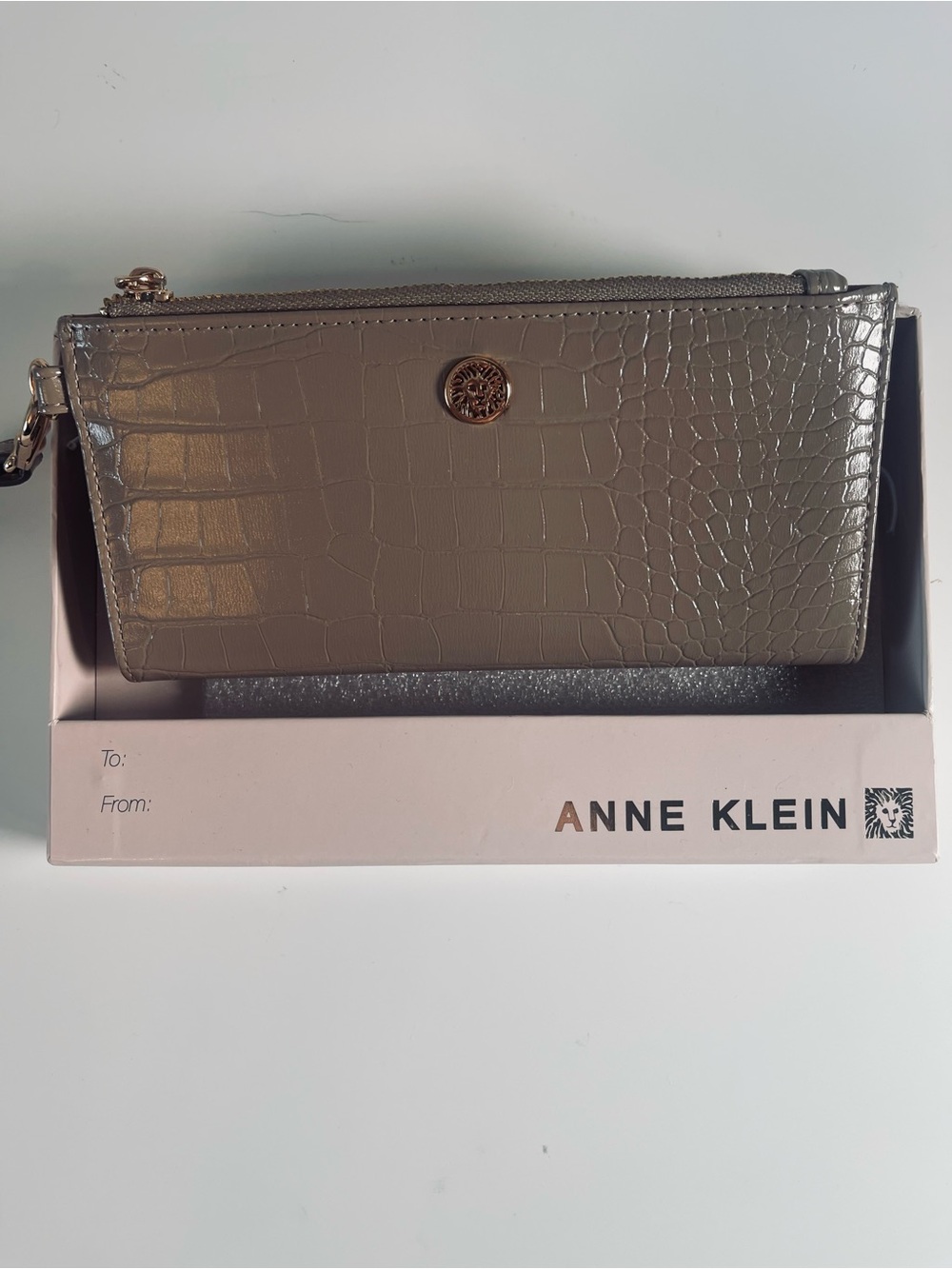 Anne Klein Taupe Croc-Embossed Zip Wristlet with Gold Logo